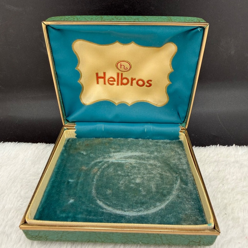Vintage Helbros Jewelry Display Box Green Velvet Hard Shell Textured Mid Century